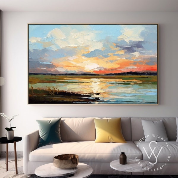 Prachtige zonsondergang landschap schilderij op canvas, originele paletmes natuur kunst, fancy landschap kunst aan de muur, slaapkamer muur decor geschenken