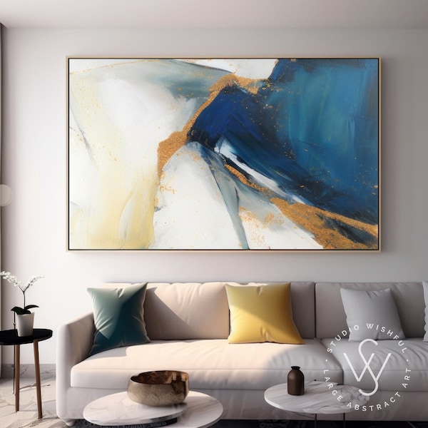 Modern Gold Blue Abstract Art, Original, Large Minimalist Canvas Wall Decor, Modern Home Painting Accent Piece, Large Sofa Wall Canvas