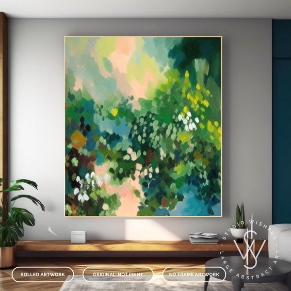 Original Summer Oil Painting On Canvas, Large Boho Green Wall Art, Green Forest Landscape Art, Modern Living Room Home Decor, Custom Gifts