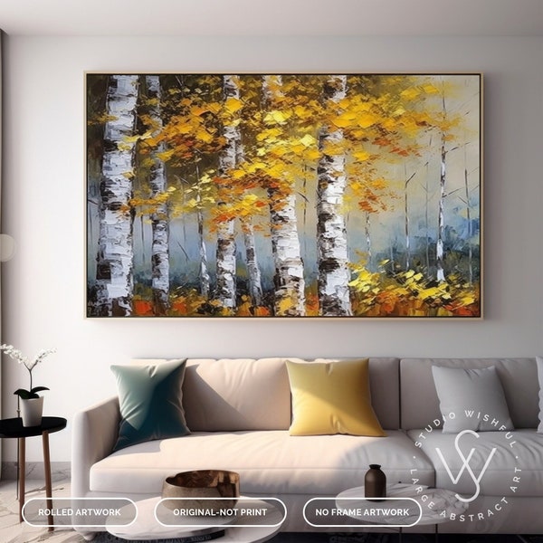 Pintura al óleo original del árbol de abedul sobre lienzo, pintura de paisaje de bosque de abedul de otoño amarillo, arte de paisaje de árbol de abedul para arte de pared de sala de estar