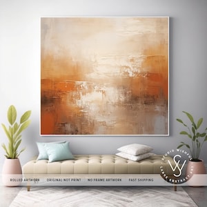 Oeuvre d'art murale contemporaine unique sur toile, décoration murale surdimensionnée en toile orange poussiéreux, tons marron clair pour le mur, cadeau de Nouvel An pour un ami image 1