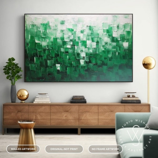 Large Abstract Green Oil Painting On Canvas, Green And White Boho Impasto Art, Original Handmade Decor, Living Room Spiritual Handmade Deco