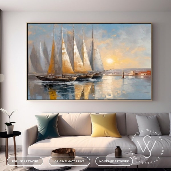 Original Segelboot Hafen Acrylgemälde, handgemachte nautische Kunst auf Leinwand, großes Segelboot Ölgemälde für Esszimmer oder Wohnkultur