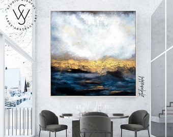 Blue and Gold Abstract Art | Original Abstract Acrylic Paintings | Affordable Wall Art | Extra Large Canvas Painting for Office Decor GS0053