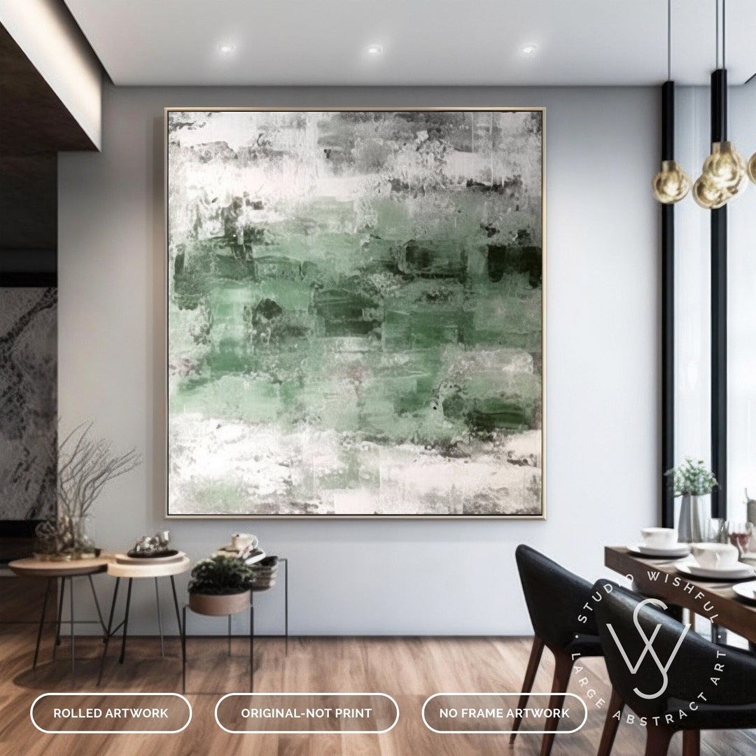 Large Green and Grey Minimalist Abstract Painting, Original White Textured Canvas Wall Art ...