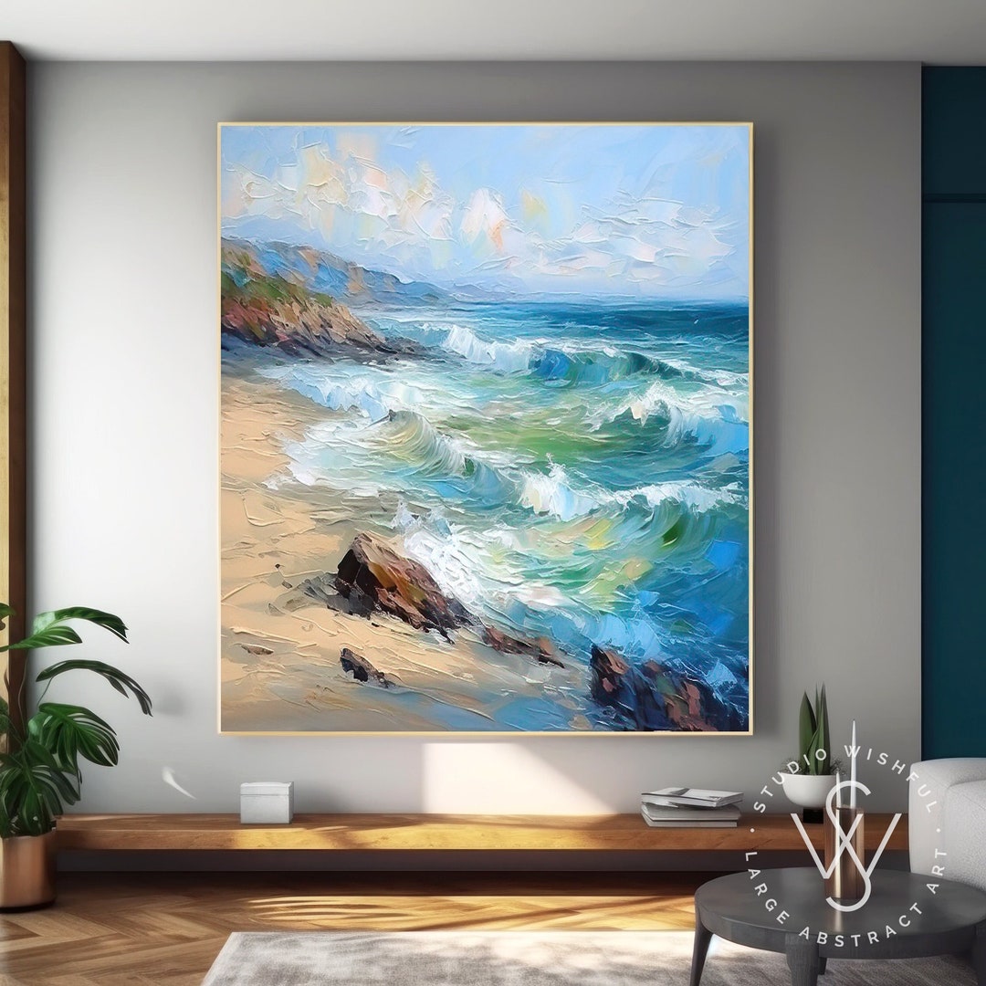 Modern Blue Ocean Painting on Canvas, Modern Coastal Beach Canvas Wall ...