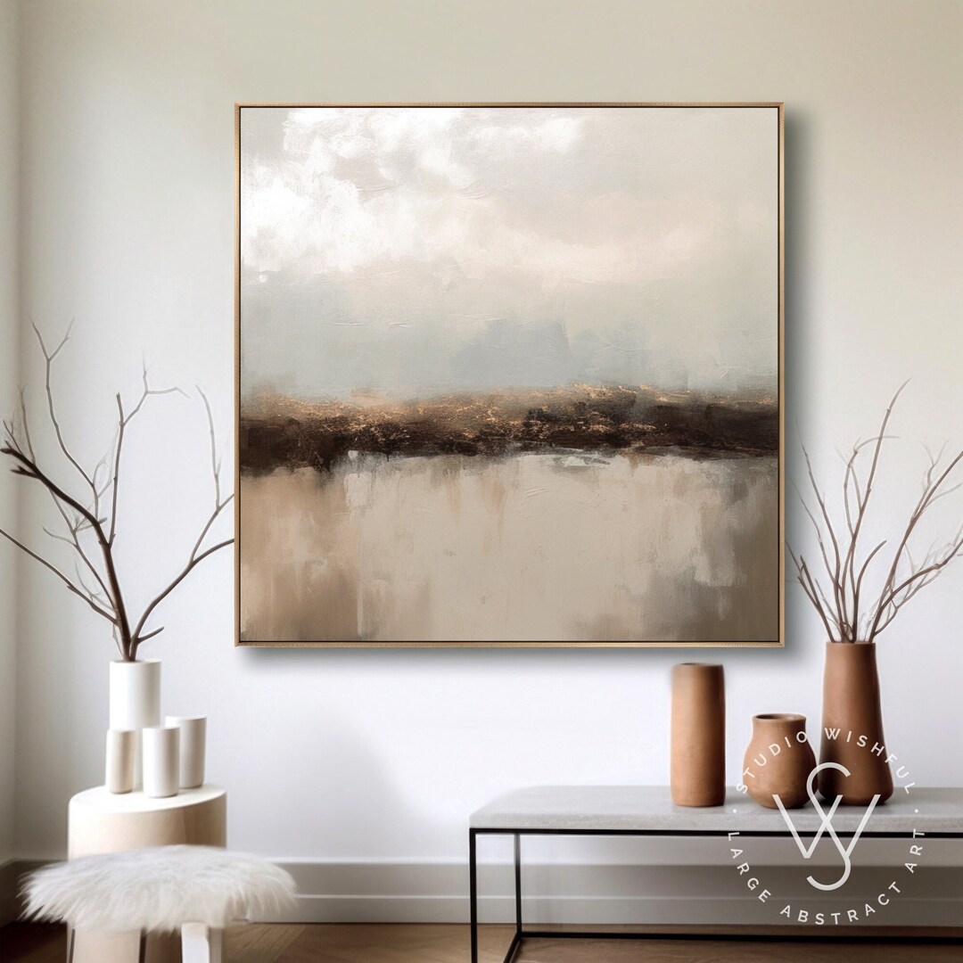 Gray & Brown Abstract Landscape, Unique Beige Canvas Wall Art, Fancy Minimalist Brown Painting