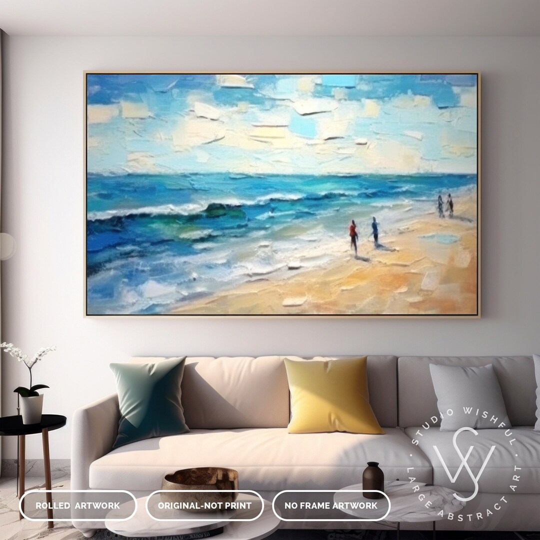 Large Original Beach Painting on Canvas, Fancy Modern Blue Ocean ...