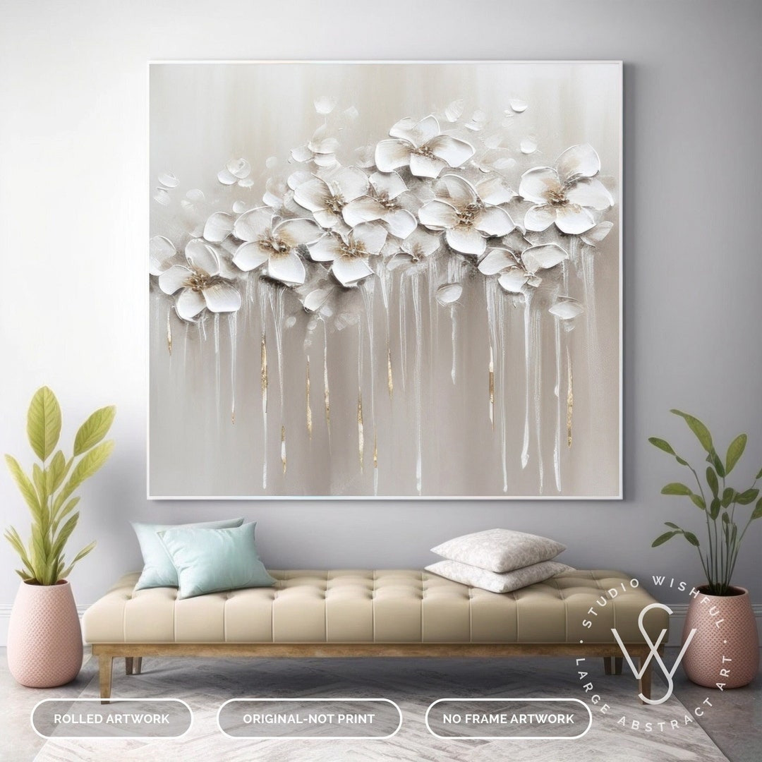 Minimalist Floral Abstract Painting for Room, White Gray Flower Canvas