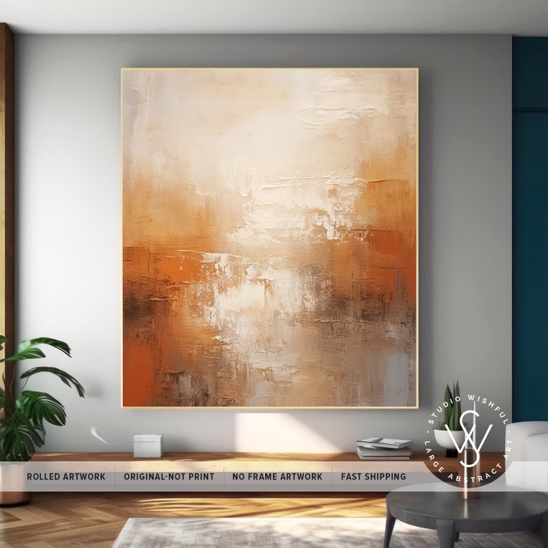 Oeuvre d'art murale contemporaine unique sur toile, décoration murale surdimensionnée en toile orange poussiéreux, tons marron clair pour le mur, cadeau de Nouvel An pour un ami image 10