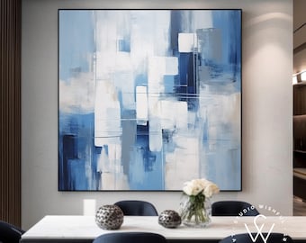 Minimalistische blauwe abstracte kunstwerken op canvas, hedendaagse handgeschilderde lichtblauwe schildering, blauwe aanpasbare en ingelijste kunst, aangepaste woning