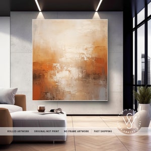 Oeuvre d'art murale contemporaine unique sur toile, décoration murale surdimensionnée en toile orange poussiéreux, tons marron clair pour le mur, cadeau de Nouvel An pour un ami image 3