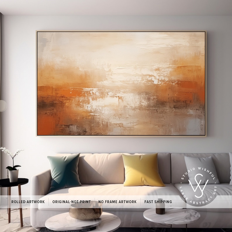 Oeuvre d'art murale contemporaine unique sur toile, décoration murale surdimensionnée en toile orange poussiéreux, tons marron clair pour le mur, cadeau de Nouvel An pour un ami image 2