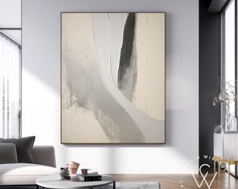 Handmade Beige & Gray Texture Painting, Minimalist Grey Canvas Wall Art, Unique Canvas Wall Decor, Oversized Painting On Canvas, Wall Gifts