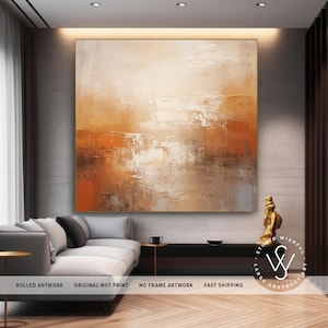 Oeuvre d'art murale contemporaine unique sur toile, décoration murale surdimensionnée en toile orange poussiéreux, tons marron clair pour le mur, cadeau de Nouvel An pour un ami image 4