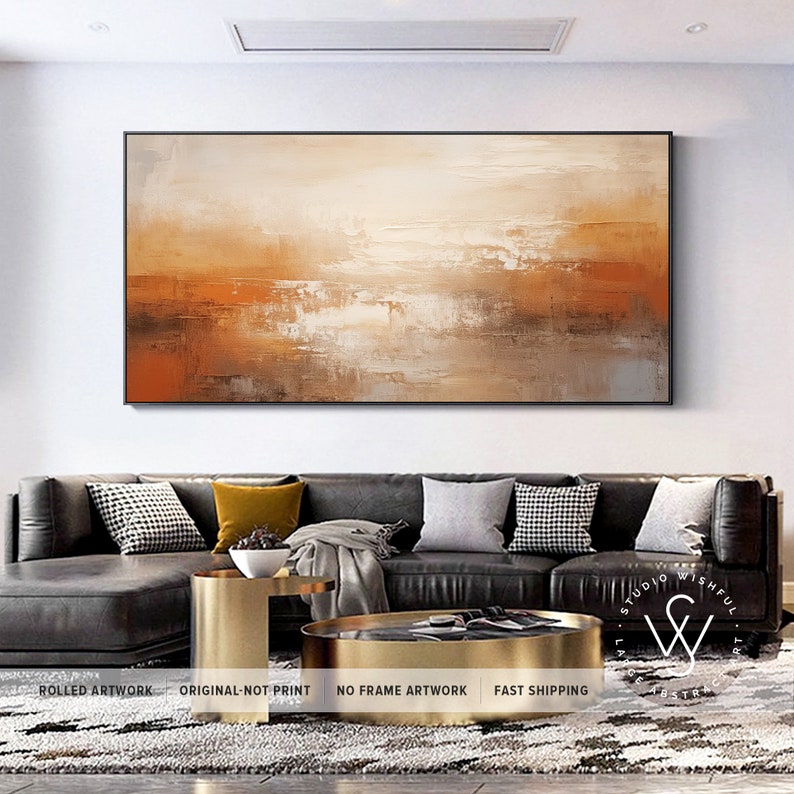 Oeuvre d'art murale contemporaine unique sur toile, décoration murale surdimensionnée en toile orange poussiéreux, tons marron clair pour le mur, cadeau de Nouvel An pour un ami image 5