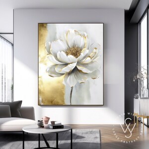 Abstract Gold Floral Oil Painting on Canvas, White Peony Art With Gold ...