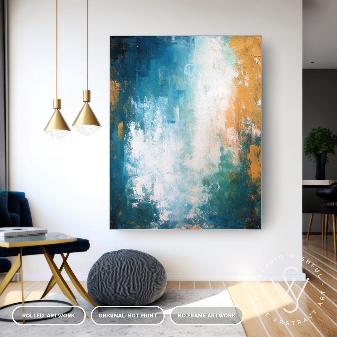 Handpainted Abstract Wall Art Blue Gold Unique Blue & Gold Etsy