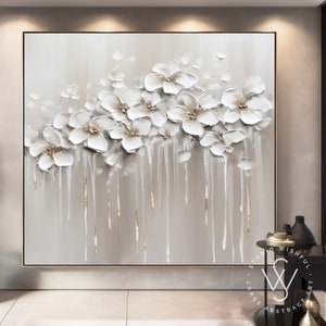 Minimalist Floral Abstract Painting for Room, White Gray Flower Canvas ...