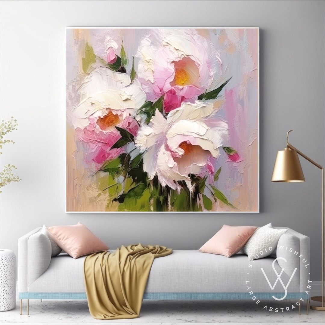 Pink & White Peonies Flower Painting on Canvas, Modern Pink Floral Wall ...