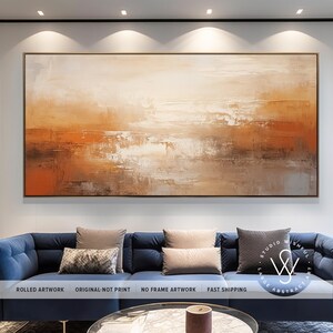 Oeuvre d'art murale contemporaine unique sur toile, décoration murale surdimensionnée en toile orange poussiéreux, tons marron clair pour le mur, cadeau de Nouvel An pour un ami image 7