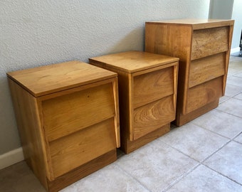 Mid Century Modern nightstands and dresser set, Woodland of California, light walnut, louvred fronts, drawers, mid mod, bedroom set