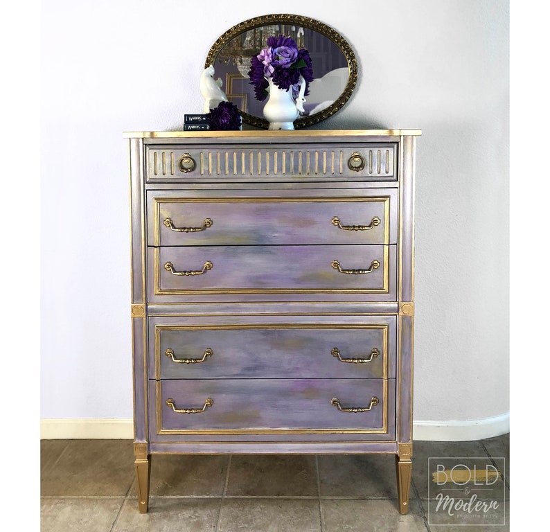 Sold Vintage Tallboy Dresser Iridescent Hand Painted Image 0