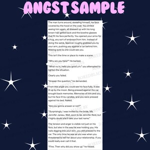 May include: A close-up of a text-based image with a dark blue background and white stars. The text reads "ANGST SAMPLE" in a pink font. The text below the title reads "The man turns around, revealing himself, his face covered by the hood on the coat. You smiled seeing him again, all dressed up with his long brown hair gelled back and the bowline glasses that fit his face perfectly. You opened your arms for a hug, any sort of embrace from him. Instead of doing the same, Spencer roughly grabbed you by your arm, pushing you against a car behind him. Making sure no one could see you. This isn't the time or place to make a scene. "Why are you here?" He barked. "What no hi, hello you good y/n." you attempted to lighten the situation. Clearly you failed. "Answer the question," he demanded. From this angle you could see his face fully, it was lit up by the moon. Being pressed against the car brought back memories. Memories of him and you, but his face lit by candles, and you were pressed against his bed. Naked. "Are you gonna answer or not?" "Surprisingly, I was invited by the bride, Ms. Jennifer Jareau. Well, soon to be Jennifer Reid, but I highly doubt she'll take your last name." The tension and anger is visible not just on his face, but also in the way he was holding you. His nails digging into your skin, you still pressed to the car. The only time he was as you was when you threatened to tell her about your relationship. If you could really ever call it that. "Fine. Then why did you show up." he hissed."