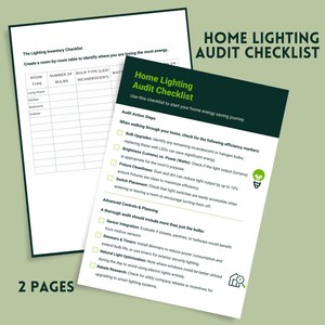 Könnte beinhalten: Zweiseitiges Dokument mit dem Titel „Home Lighting Audit Checklist“ mit grünem Header. Die Checkliste enthält Abschnitte zu Glühbirnen-Upgrades, Leuchtenreinheit und erweiterten Steuerungen. Das Dokument enthält auch eine Raum-für-Raum-Tabelle zur Identifizierung von Energieverlusten.