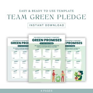 Könnte beinhalten: Eine digitale Vorlage mit dem Titel "Team Green Pledge" mit dem Text "Sofort-Download". Das Bild zeigt drei Seiten eines Versprechens mit den Worten "Green Promises" und "Our Team Green Pledge". Die Vorlage soll die Nachhaltigkeit am Arbeitsplatz fördern.