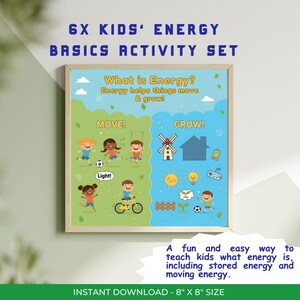 Könnte beinhalten: Ein gerahmtes Lehrposter mit dem Titel "6X KIDS' ENERGY BASICS ACTIVITY SET". Das Poster ist in zwei Abschnitte unterteilt, "MOVE!" und "GROW!", mit Illustrationen von Kindern und Energiequellen. Der Text lautet "What is Energy?" und "Energy helps things move & grow!" Das Poster ist 20.3 cm x 20.3 cm groß.