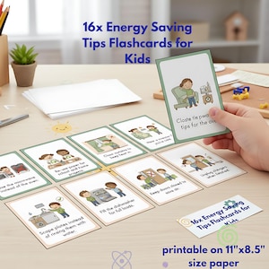 Könnte beinhalten: Ein Set von 16 Energiespartipps-Lernkarten für Kinder. Jede Karte zeigt eine Cartoon-Illustration und einen Tipp, wie z. B. „Verwenden Sie die Mikrowelle anstelle des Ofens“. Die Karten sind zum Drucken auf Papier im Format 21 x 28 cm konzipiert.