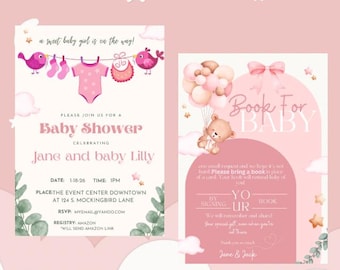 Baby Shower Invite, Digital Invitation, girlie baby shower invite,Baby girl shower invite Editable Instant digital or Printed, Pink balloons