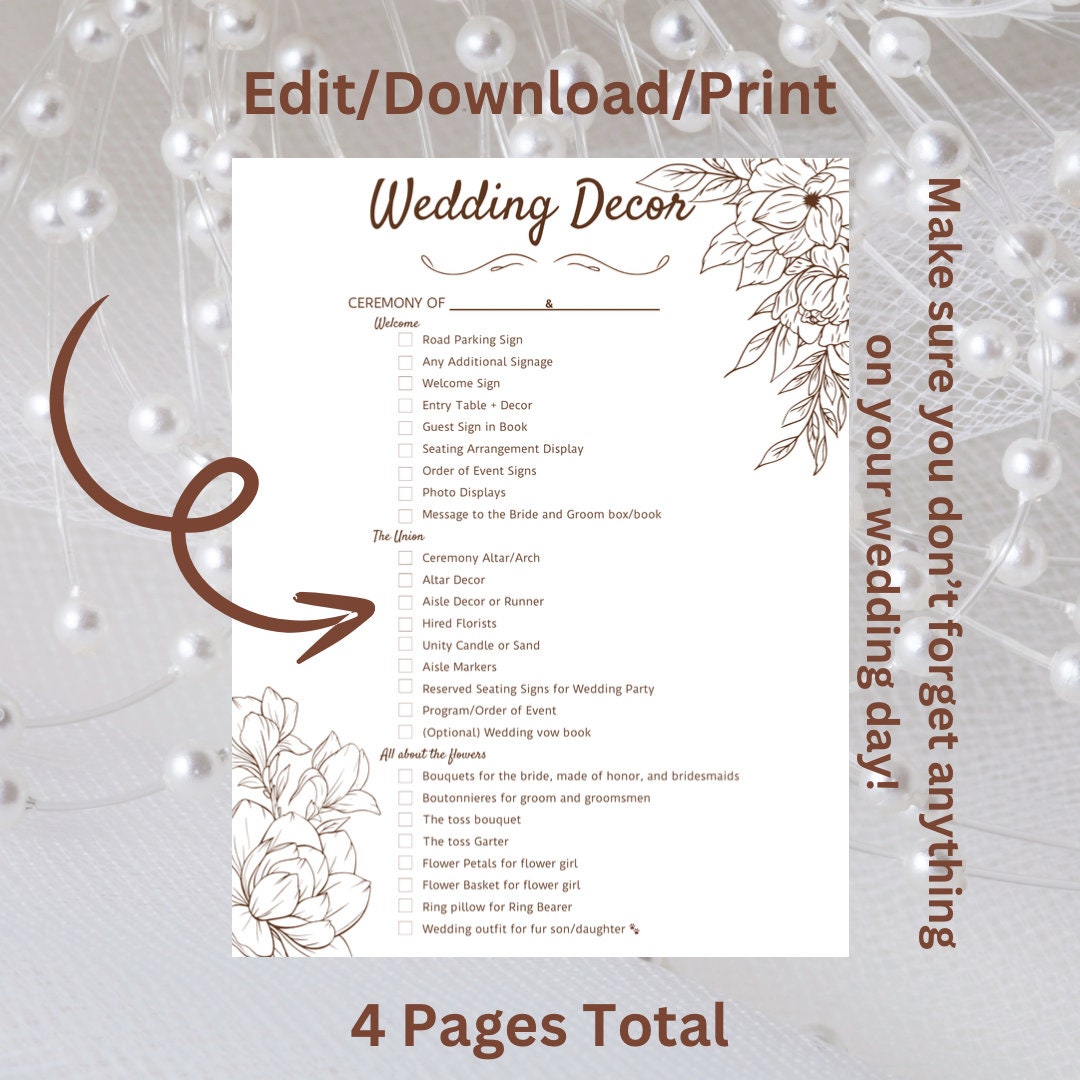 Wedding Decor Checklist, Printable Wedding Checklist Template, Wedding ...