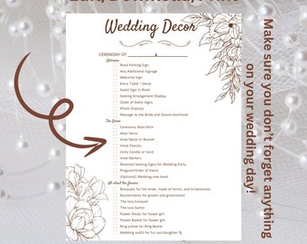 Wedding Decor Checklist, Printable Wedding checklist template, Wedding planning checklist, Wedding binder wedding planner digital decoration