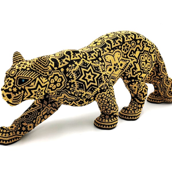 Huichol Art "Golden Black Jaguar". MASTER COLLECTION