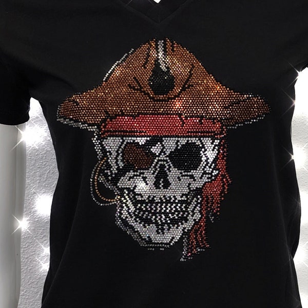 Bling Skull Pirate Shirt, Rhinestone aye matey, Day of the Dead, Halloween Pirate, Goth tshirts, Spooky Pirate, Talk like a pirate