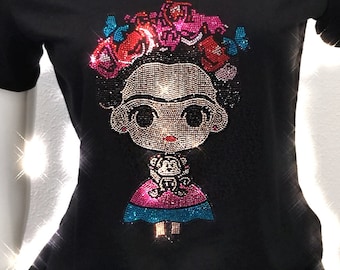 Cute Frida Kahlo rhinestone shirt, Bling colorful Latina, Mexican shirt, personalized shirt, bling flowers butterflies monkey