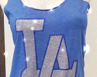 LA Bling Blue Ladies Tank, Crystal LA Logo, Rhinestone la Fan, Sparkle, cute Ladies shiny tank, sexy cool comfy, we love LA tank, beach tee