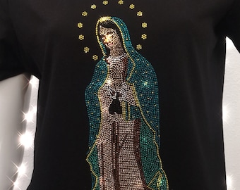 Mother Mary Rhinestone, Bling Guadalupe top, Guadalupe rhinestone ladies shirt,  Virgin of Guadalupe vneck, Our Lady of Guadalupe shirt