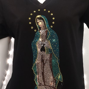 Mother Mary Rhinestone, Bling Guadalupe top, Guadalupe rhinestone ladies shirt,  Virgin of Guadalupe vneck, Our Lady of Guadalupe shirt