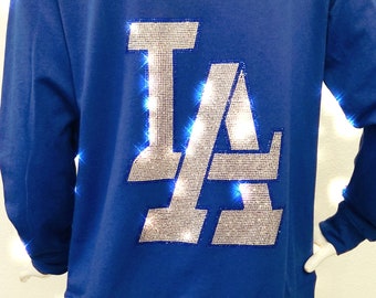 Women's blue LA hoodie, Baseball bling sweatshirt, rhinestone fan zip front, LA shiny ladies hoody, royal blue sweatshirt, bling string