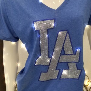 LA Bling Easy V, Cool Bling shirt, Cute fan shirt, Royal blue Ladies shirt, LA team Fan, Bling LA shirt, Rhinestone v-neck shirt