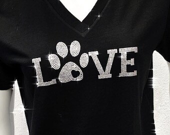 Rhinestone Love tshirt, Cute doglover shirt, womens black paw tee, Ladies V-Neck, Dog mom gift, funny pet tshirt, proud animal friend
