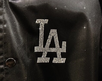 LA baseball black satin jacket, rhinestone LA back, bling LA ladies baseball bomber, great gift, baseball gift, sparkle Los Angeles team