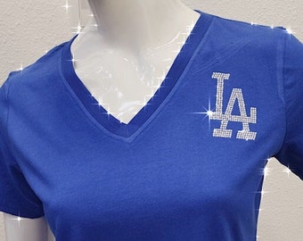 Bling LA ladies tee, los angeles fan, baseball, gameday tshirt, LA sparkle tee, blue vneck glitter top, baseball fan short sleeve, cute