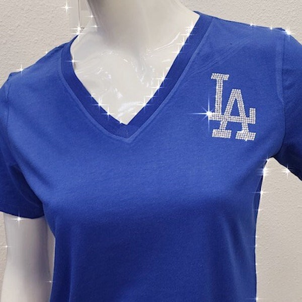 LA fan blue ladies shirt, rhinestone LA women's v-neck, royal blue LA t-shirt, la logo short sleeve top, baseball fan, cute los angeles tee