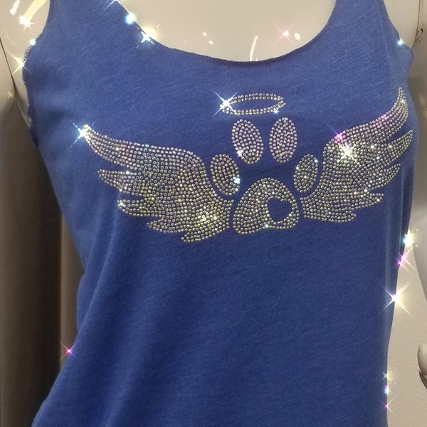 bling paw with angel wings tank, rhinestone angel baby, rainbow bridge gift, dog Mom gift, size small, Pet memorial gift, made in USA