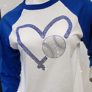 womens rhinestone baseball tshirt, bling blue heart baseball jersey, sparkly ladies crew neck top, bling unisex t shirt