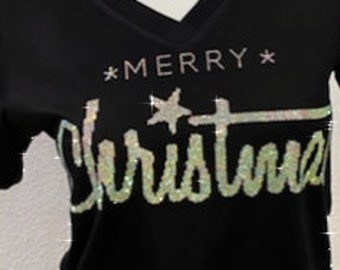 Merry Christmas shirt, Rhinestone Merry Christmas vneck, Holiday shirt, Bling Merry Christmas, Rhinestone Christmas gift